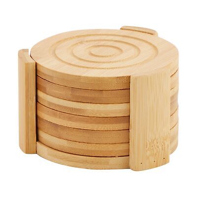 Set of 6 Bamboo Wood Coasters with Holder for Coffee Table, Hot Drinks, 4.3 In