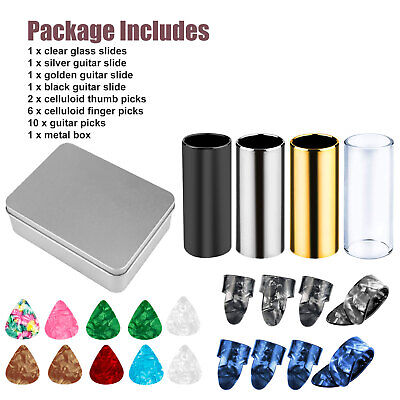 23 in 1 Guitar Slide Set Glass Stainless Steel Slides Thumb Finger Picks Box Kits