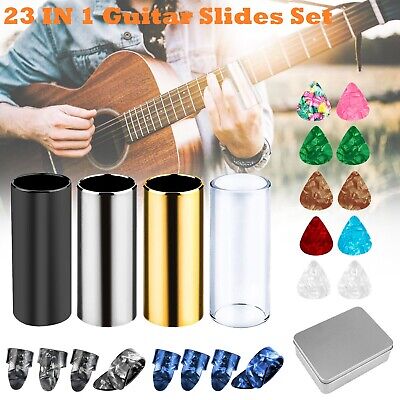23 in 1 Guitar Slide Set Glass Stainless Steel Slides Thumb Finger Picks Box Kits