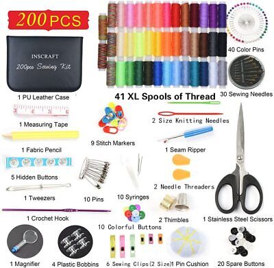 200Pcs Sewing Kit Travel Set Measure Scissor Thimble Thread Needle Storage Box