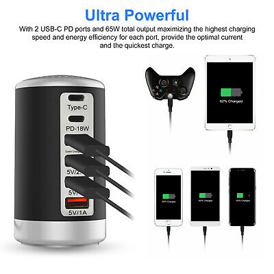 65W PD Multi Port USB Desktop Charging Station Rapid Charger Adapter w/2 Type-c