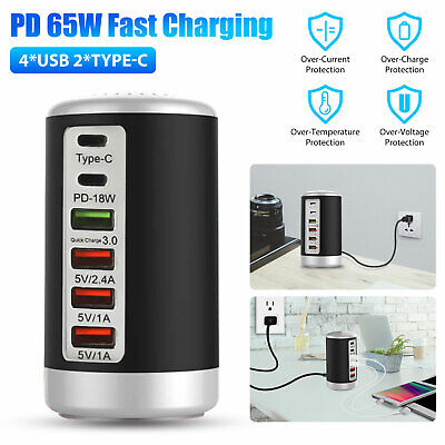 65W PD Multi Port USB Desktop Charging Station Rapid Charger Adapter w/2 Type-c