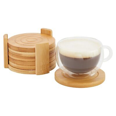 Set of 6 Bamboo Wood Coasters with Holder for Coffee Table, Hot Drinks, 4.3 In