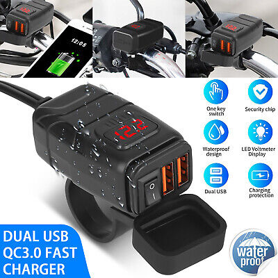 Motorcycle Car Phone Fast Charger 12V Dual USB QC 3.0 with Red Digital Voltmeter