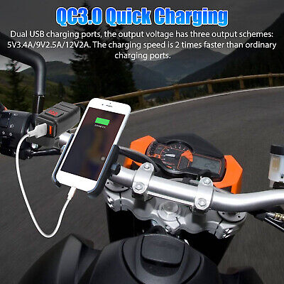 Motorcycle Car Phone Fast Charger 12V Dual USB QC 3.0 with Red Digital Voltmeter