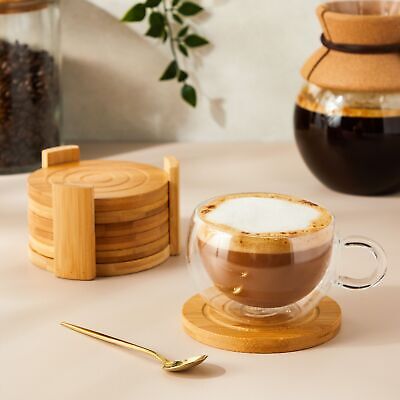 Set of 6 Bamboo Wood Coasters with Holder for Coffee Table, Hot Drinks, 4.3 In