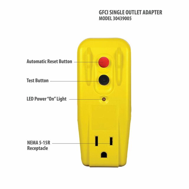 Tower Manufacturing 30439005 Auto-Reset 15 AMP 3-Prong GFCI Adapter, Yellow