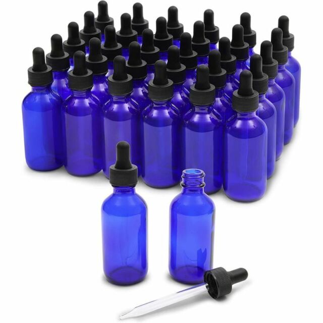 30 Pack 2 Oz Blue Glass Beauty Dropper Bottles with 6 Funnels for Essential Oils