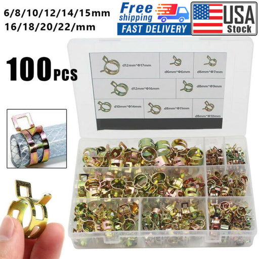 100 Spring Clip Water Pipe Fuel Line Hose Air Tube Clamp Fastener 6-22mm 10 Sizes