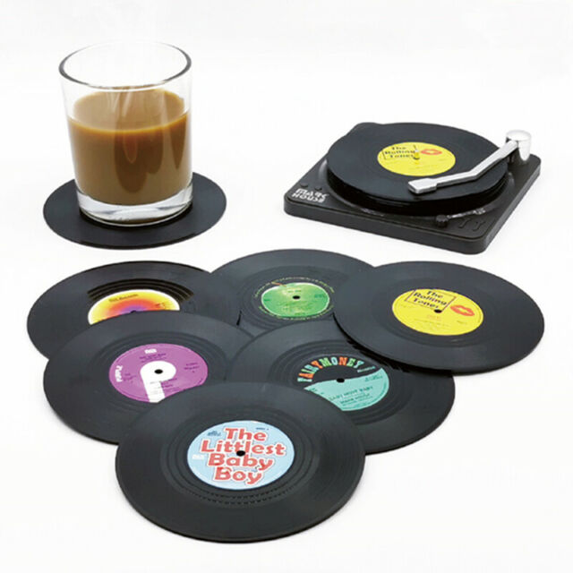 Set of 7 Coasters With Holder Coffee Tea Milk Cup Pad Mat Non-Slip Record CD
