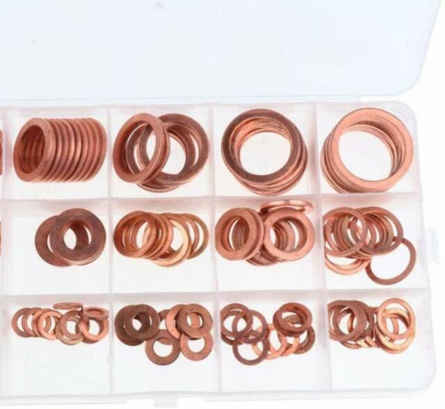 150PCS M5-M22 Copper Crush Washer Gasket Set Flat Ring Seal Assortment