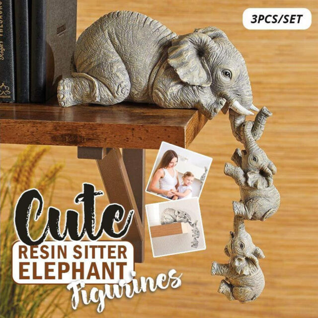 3X Resin Elephant Sitter Figurines Mother and 2 Babies Hanging Off Edge