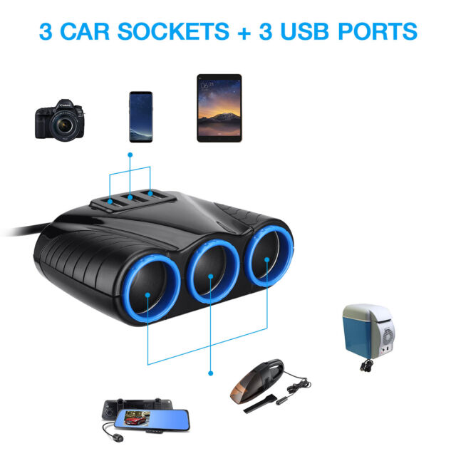 Multi Car Socket Splitter 3 USB Port Charger Power Plug 12/24V