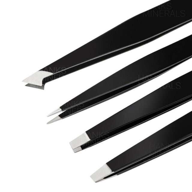 Tweezers Set 4-Piece Professional Black Plucker Stainless Steel With Case