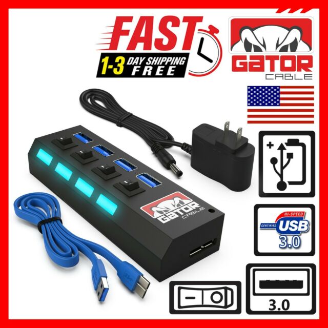 USB 3.0 Hub Charger Switch Splitter Powered AC Adapter 4-Port PC Laptop Desktop