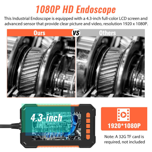 Industrial 8 LED Endoscope HD 4.3" Screen Snake Borescope Inspection Camera IP67