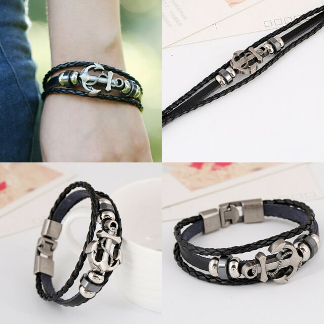 Mens Sailor Beach Nautical Anchor Bracelet Leather Wristband Men Black+gift bag