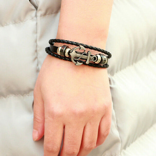 Mens Sailor Beach Nautical Anchor Bracelet Leather Wristband Men Black+gift bag