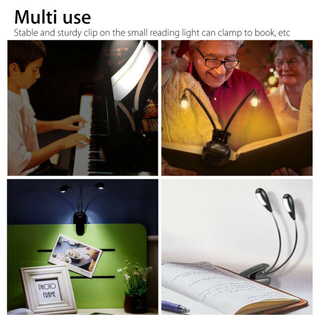 2 Arms Rechargeable Dimmable LED Clip-on Light Music Stand Book Reading Lamp