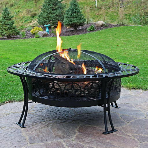 40" Fire Pit Black Steel Four Star Design with Spark Screen and Poker