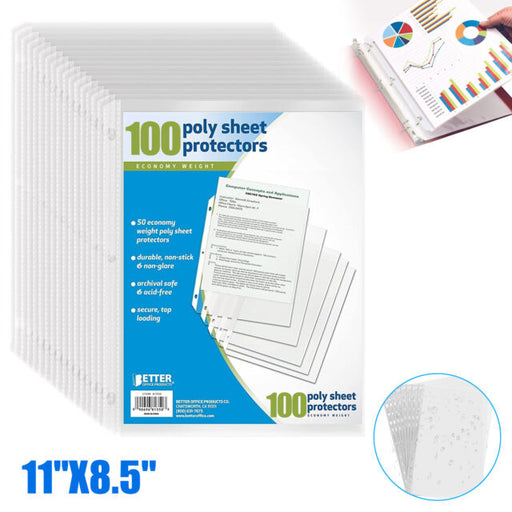 100 Sleeves Clear Plastic Sheet Page Protectors Document Office Ring Non Glare