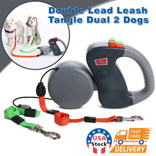 Retractable Double Dog Leash No Tangle Dual 2 Dog 50 Pounds Per Dog