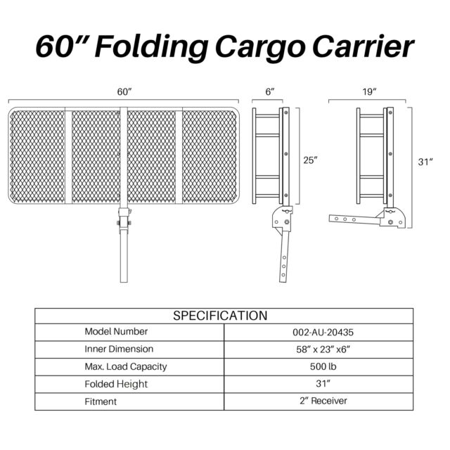 60" x 25" Folding Cargo Carrier Luggage Rack Hauler Truck Car Hitch 2" Receiver