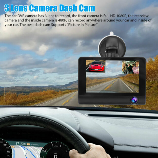 1080P 4" Car Dual Lens Dash Cam Front/Rear/Inside Video Recorder Camera G-sensor