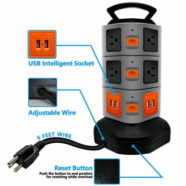 10 Outlet Plugs 4 USB Power Strip Tower, Surge Protector Charging Station