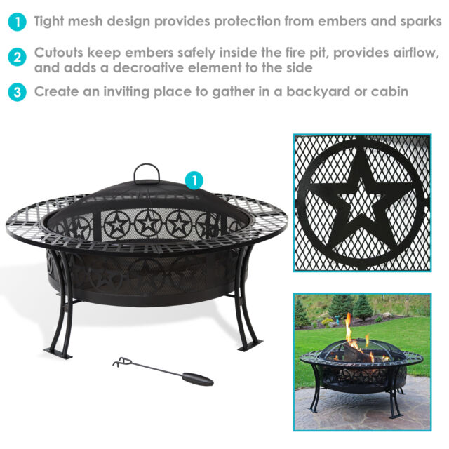 40" Fire Pit Black Steel Four Star Design with Spark Screen and Poker