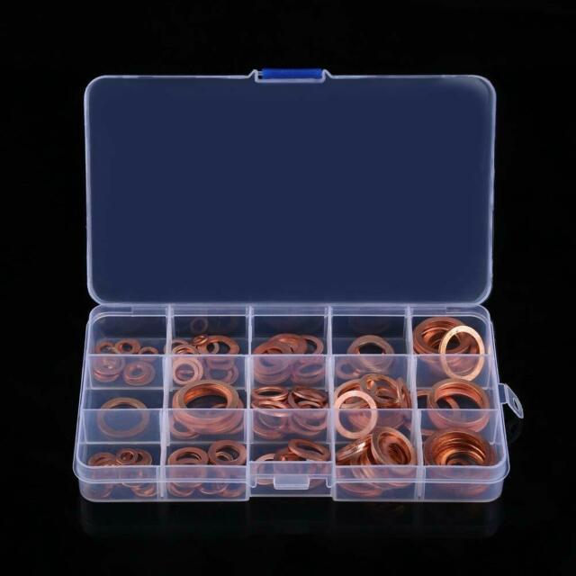 150PCS M5-M22 Copper Crush Washer Gasket Set Flat Ring Seal Assortment