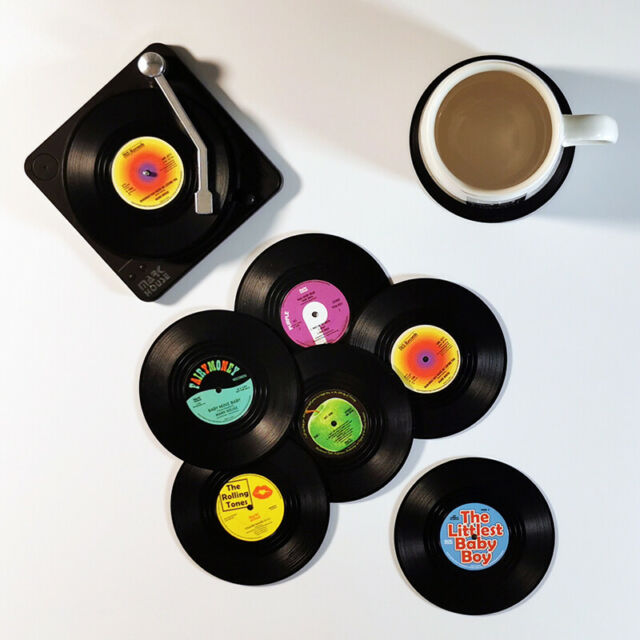 Set of 7 Coasters With Holder Coffee Tea Milk Cup Pad Mat Non-Slip Record CD