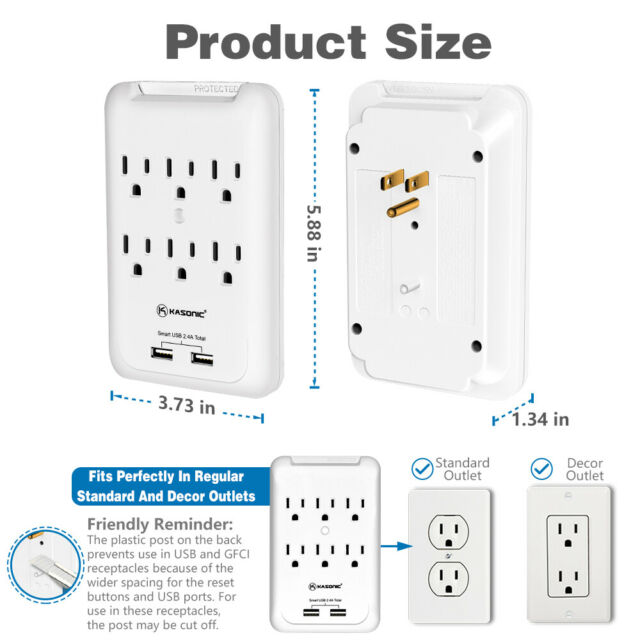 Power Outlet Wall Mount, 6 AC Socket Surge Protector with 2-USB Charging