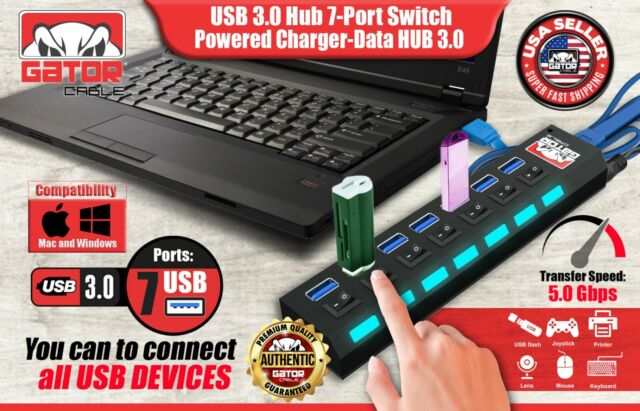 USB 3.0 Hub Charger Switch Splitter Powered AC Adapter 7-Port PC Laptop Desktop