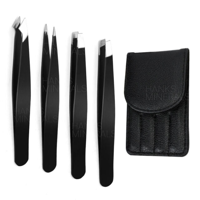 Tweezers Set 4-Piece Professional Black Plucker Stainless Steel With Case