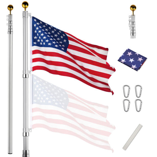 20' Flag Pole Telescopic Flagpole Kit U.S Flag Ball 2 Flags Halyard