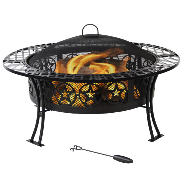 40" Fire Pit Black Steel Four Star Design with Spark Screen and Poker