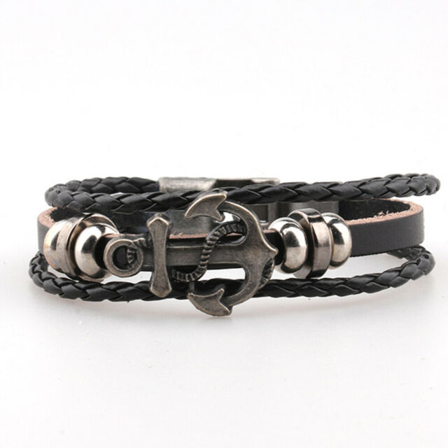 Mens Sailor Beach Nautical Anchor Bracelet Leather Wristband Men Black+gift bag