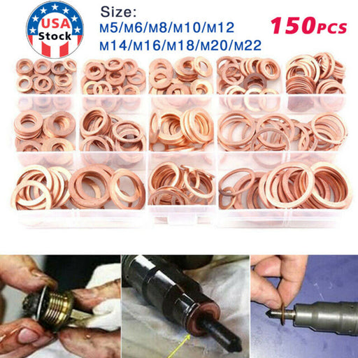 150PCS M5-M22 Copper Crush Washer Gasket Set Flat Ring Seal Assortment