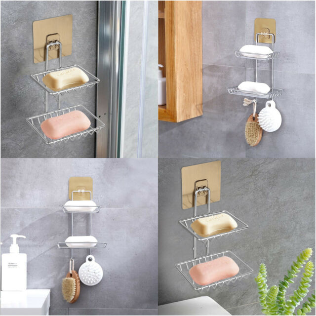Double Tier Soap Dish Holder Wall Mounted Stainless Steel W/Hook for Bathroom