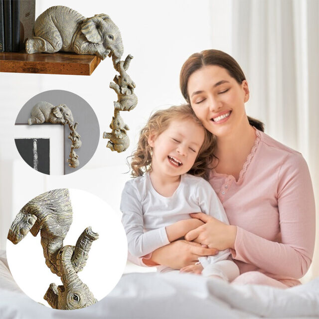 3X Resin Elephant Sitter Figurines Mother and 2 Babies Hanging Off Edge