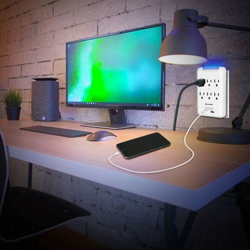 Power Outlet Wall Mount, 6 AC Socket Surge Protector with 2-USB Charging