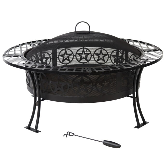 40" Fire Pit Black Steel Four Star Design with Spark Screen and Poker