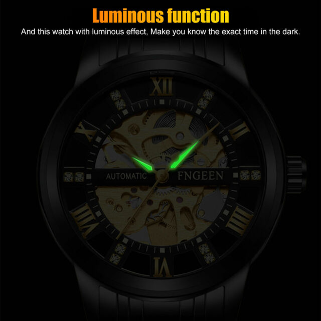 Luxury Men's Stainless Steel Gold Tone Skeleton Automatic Mechanical Wrist Watch